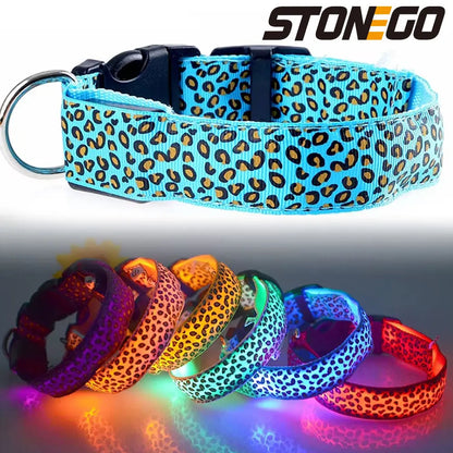 Leopard LED Dog Collar Luminous Adjustable Glowing Collar For Dogs Pet Night Safety Nylon Collar Luminous LED Bright Dog Collar Dabfavshop