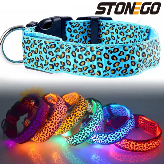 Leopard LED Dog Collar Luminous Adjustable Glowing Collar For Dogs Pet Night Safety Nylon Collar Luminous LED Bright Dog Collar Dabfavshop