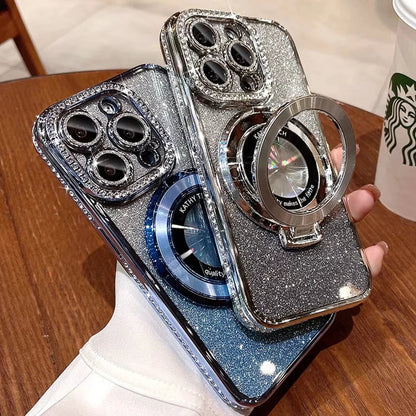 Glitter Diamond Luxury Plating Magsafe Stand Holder Soft Silicone Cover for iPhone Full Coverage Magnetic Case Dabfavshop
