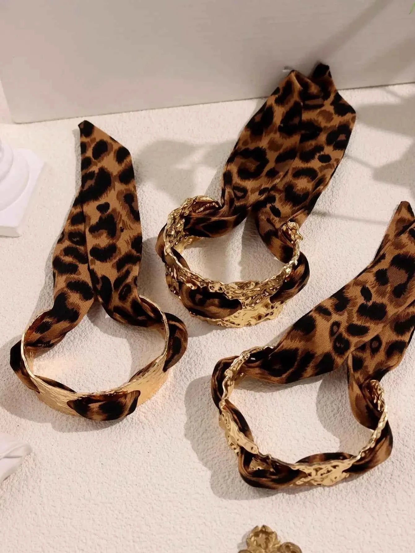 Leopard Print Ribbon-Wrapped Metal Bracelet