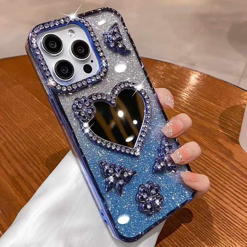 Bling Rhinestone Mirror Cover Case for iPhone 16 pro Max 15 plus Glitter Diamond Encrusted Butterfly Design Shockproof Anti-Knock Dabfavshop