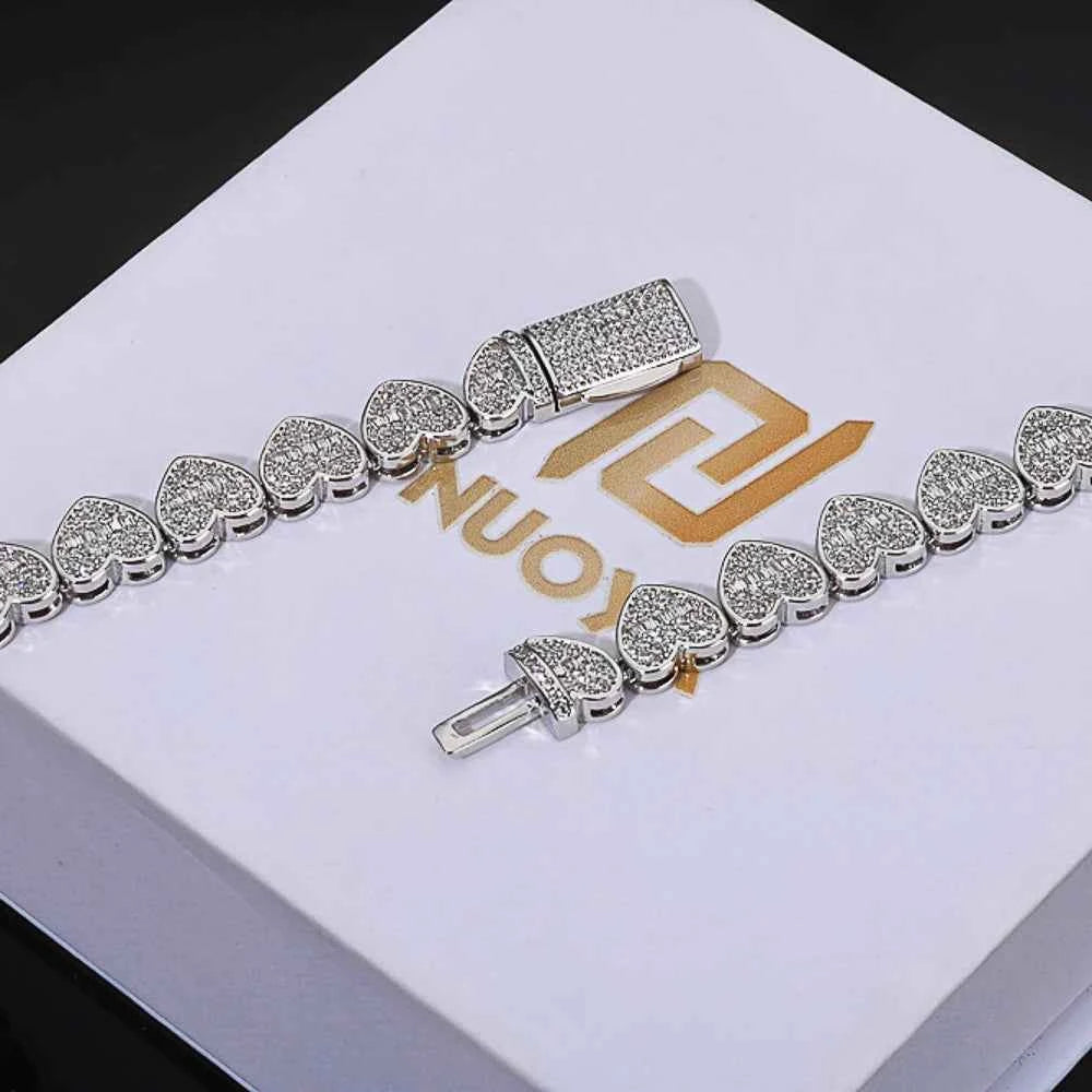 Iced Out Baguette Heart Tennis Chain Bracelet Silver Plated Zircon Mixed Inlay Fine Jewelry