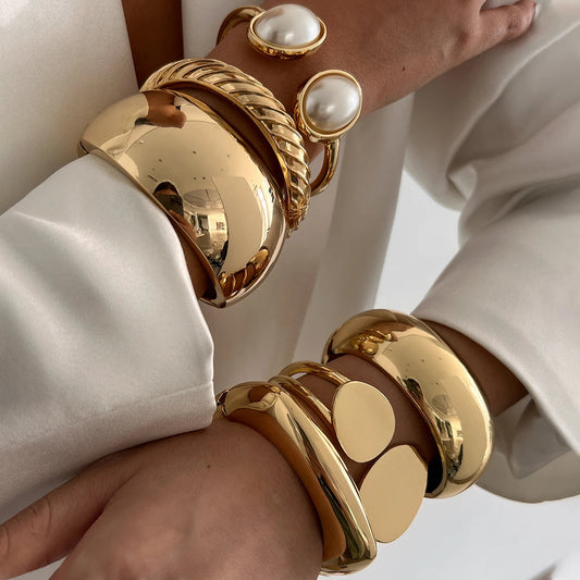 6 Styles Geometric Gold Color Cuff Spring Bangles Wide Hand Bracelets Dabfavshop