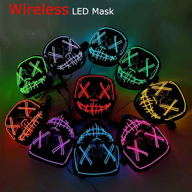 Neon LED Halloween Purge Mask Wireless Masquerade Party Light-up Horror Mask Glowing Multicolor Full Face Adult Mask for Halloween Dabfavshop