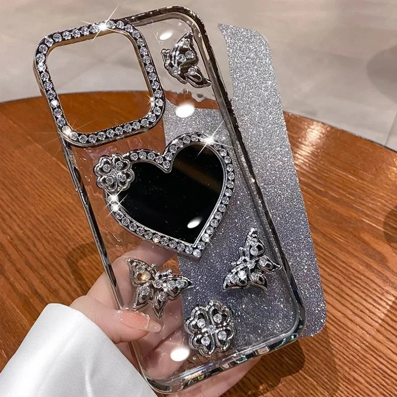 Bling Rhinestone Mirror Cover Case for iPhone 16 pro Max 15 plus Glitter Diamond Encrusted Butterfly Design Shockproof Anti-Knock Dabfavshop