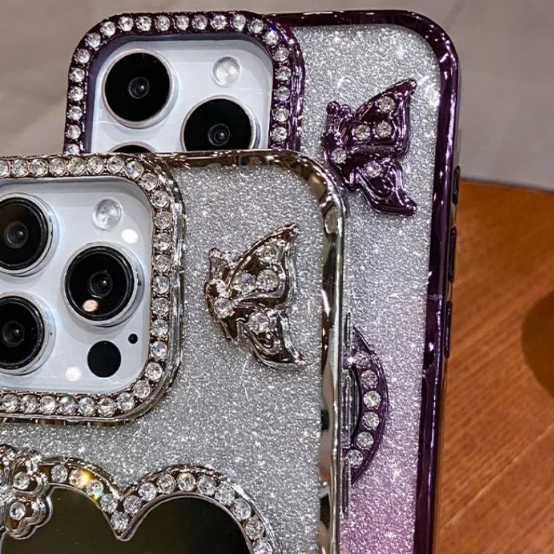 Bling Rhinestone Mirror Cover Case for iPhone 16 pro Max 15 plus Glitter Diamond Encrusted Butterfly Design Shockproof Anti-Knock Dabfavshop