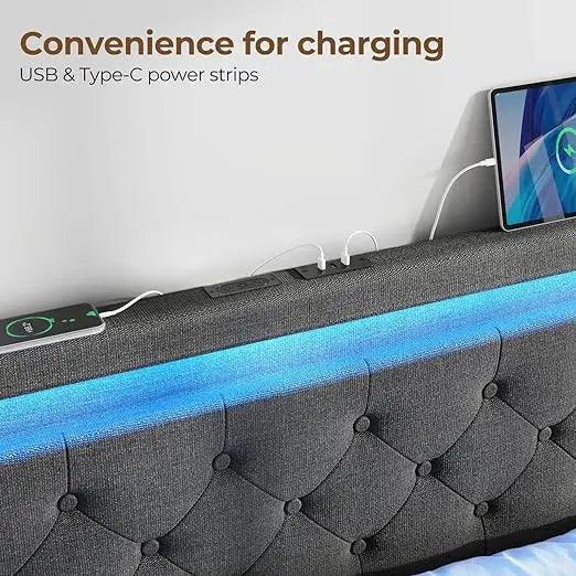 Full/Queen/King Size LED Bed Frame With Storage Headboard And Charging Station - Dabfavshop