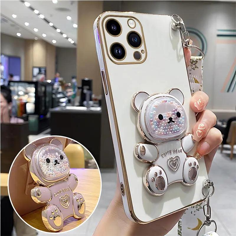 Strap and Quick Stand Cute Diamond Face Bear IPhone Case 11-14 Pro Max - Dabfavshop