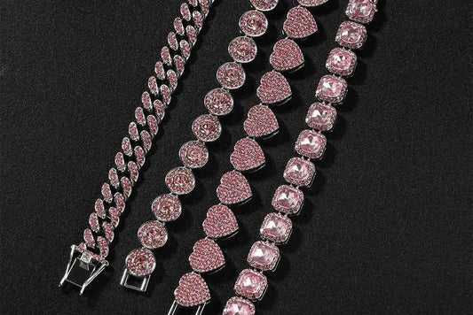 4 Pcs/Set Silver Pink Color Bracelets for Women 7/8 Inches Zinc Alloy Rhinestones Bracelets Set Heart/Round Shape Bracelets