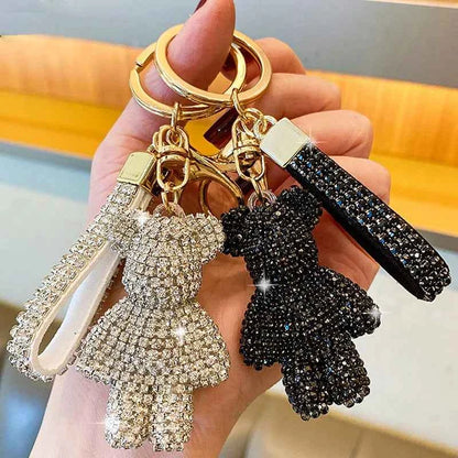Rhinestone Bear Keychain Pendant Handmade Metal Keyring for Women Men Car Anime Animal Themed Accessory Unisex Key Chain Gift