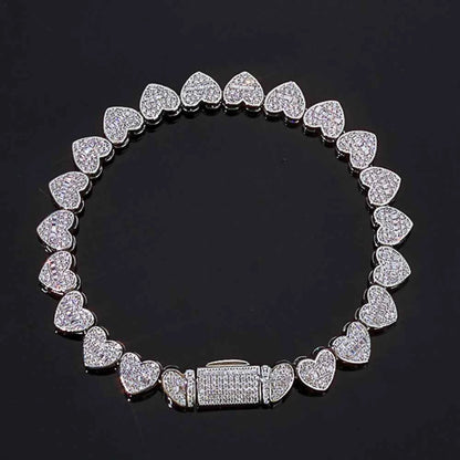 Iced Out Baguette Heart Tennis Chain Bracelet Silver Plated Zircon Mixed Inlay Fine Jewelry