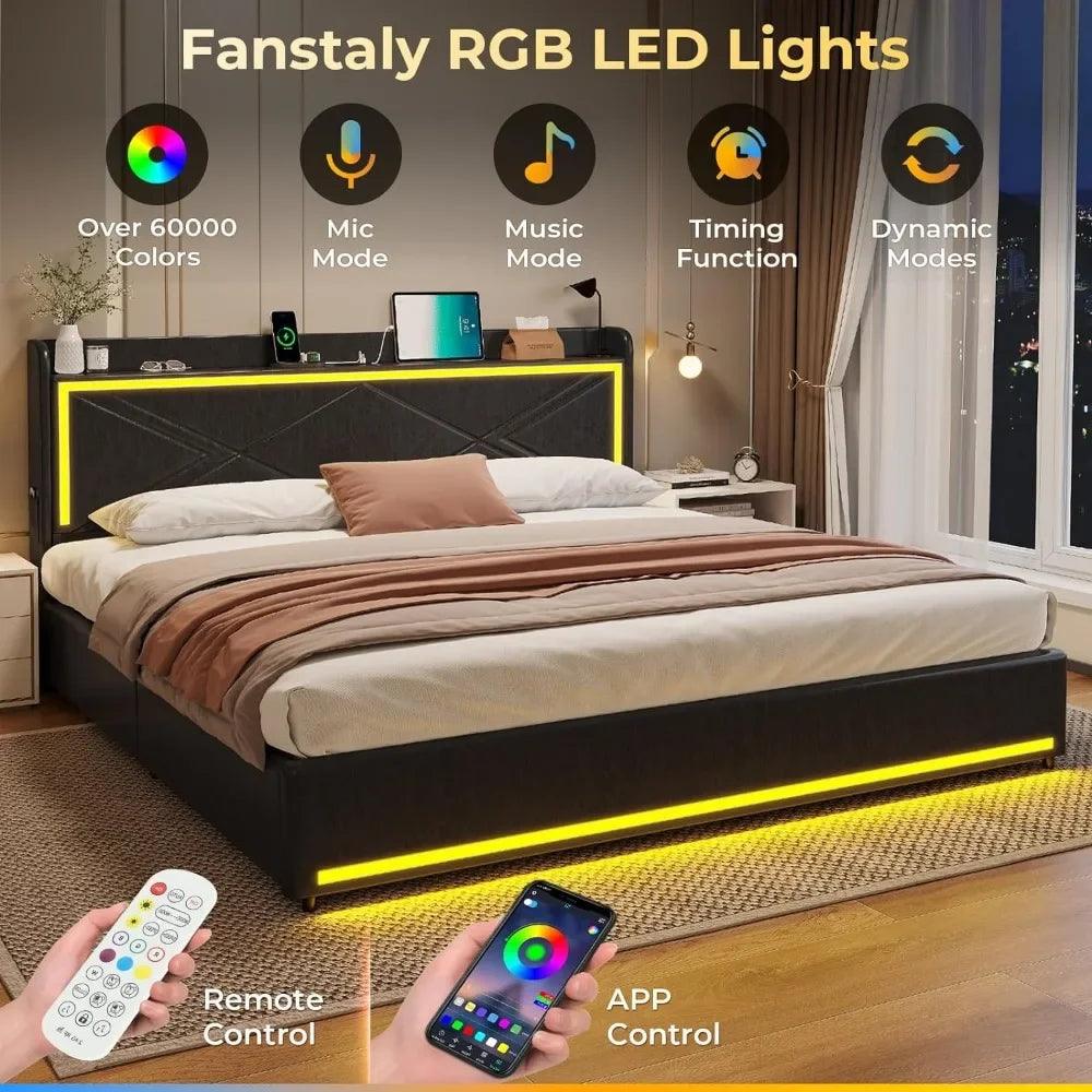 Full/Queen/King Size LED Bed Frame With Storage Headboard And Charging Station - Dabfavshop