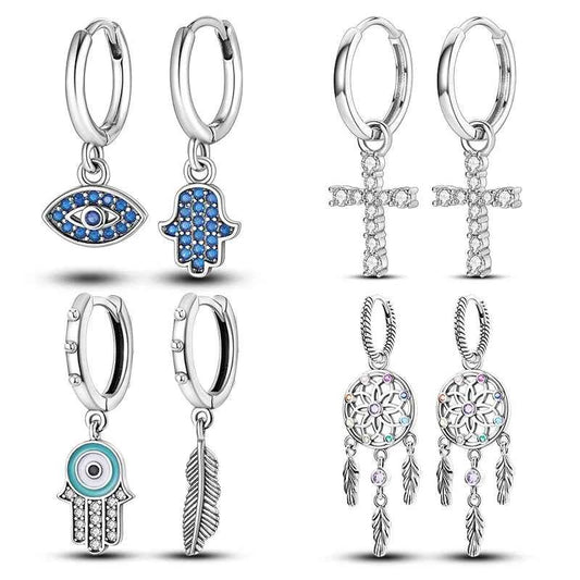 Dreamcatcher Snake Bone Earrings Cross Devil's Eye Feather Eardrop Earring 925 Sterling Silver Women Fine Party Jewelry Gift