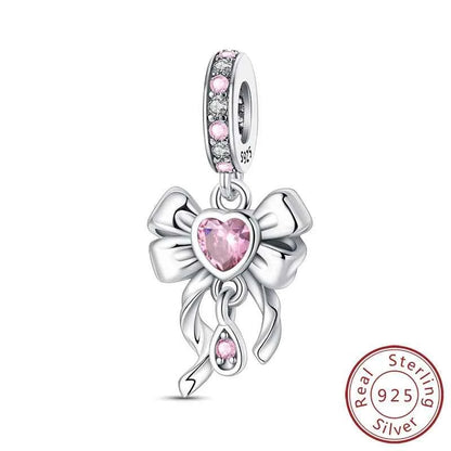 925 Sterling Silver Charms Beads Pink Zircon Bow Tie