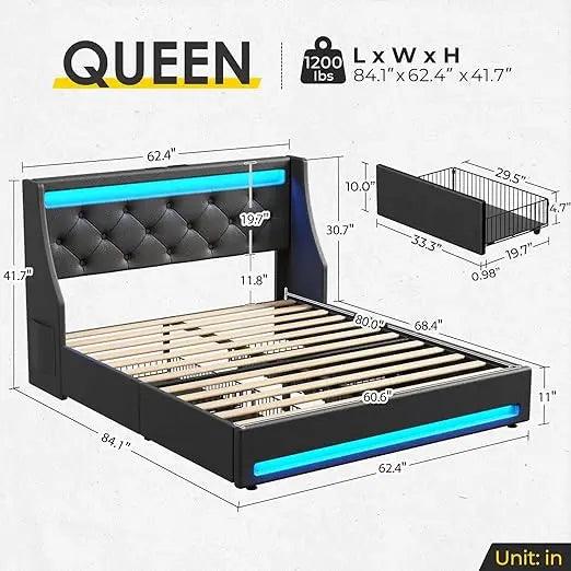 Full/Queen/King Size LED Bed Frame With Storage Headboard And Charging Station - Dabfavshop