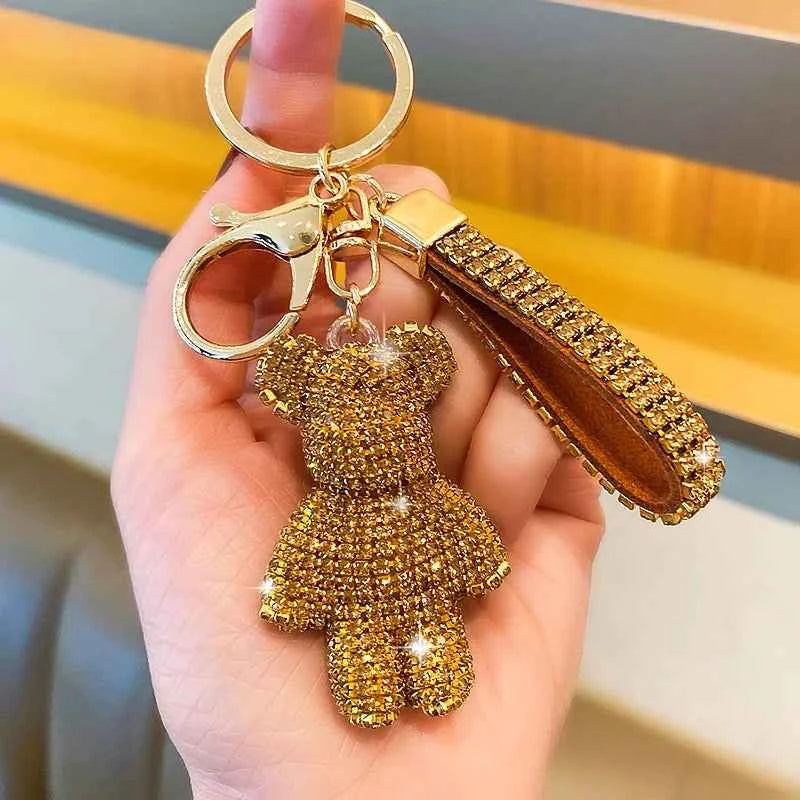 Rhinestone Bear Keychain Pendant Handmade Metal Keyring for Women Men Car Anime Animal Themed Accessory Unisex Key Chain Gift