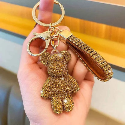 Rhinestone Bear Keychain Pendant Handmade Metal Keyring for Women Men Car Anime Animal Themed Accessory Unisex Key Chain Gift
