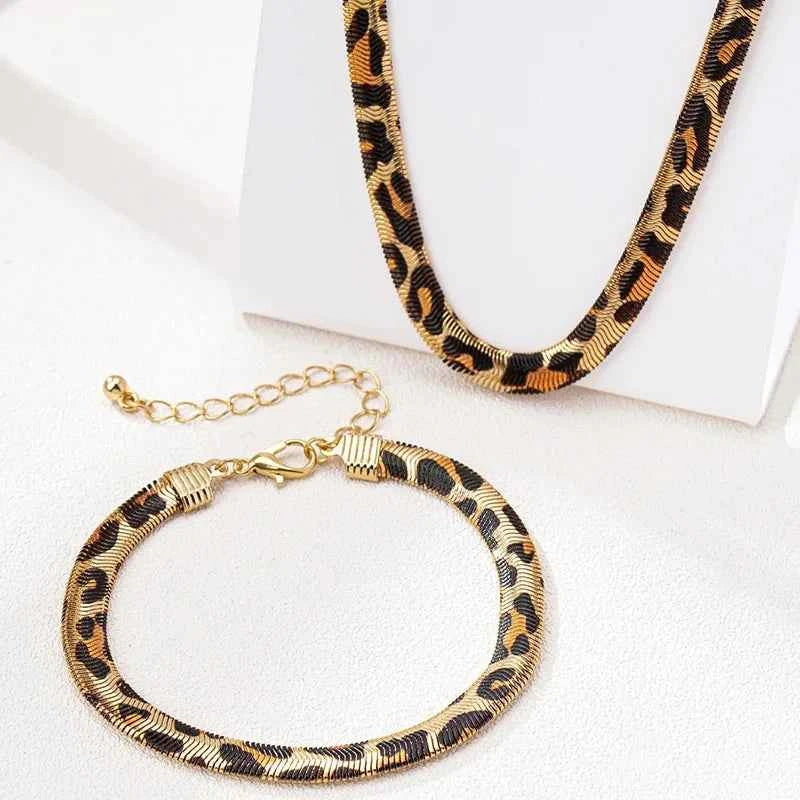 Leopard Print Snake Bracelet Necklace Set