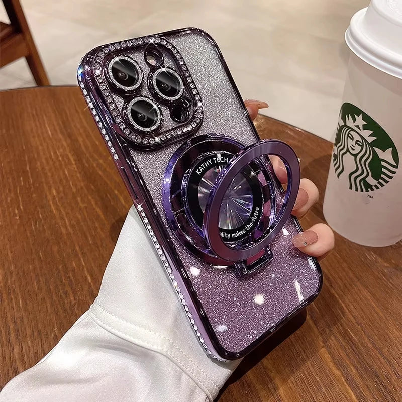 Glitter Diamond Luxury Plating Magsafe Stand Holder Soft Silicone Cover for iPhone Full Coverage Magnetic Case Dabfavshop