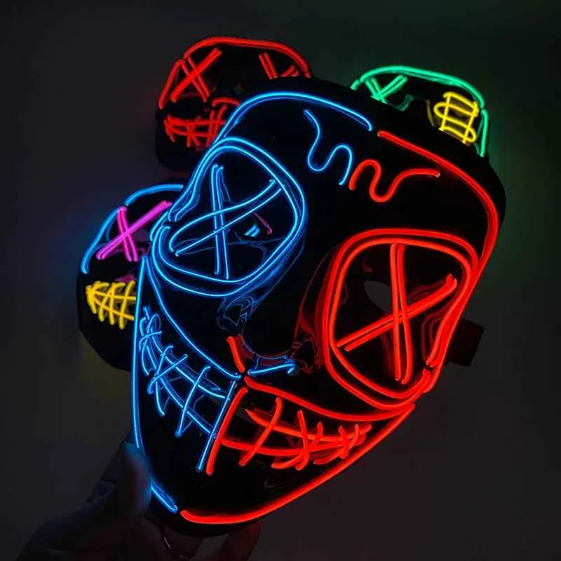 Neon LED Halloween Purge Mask Wireless Masquerade Party Light-up Horror Mask Glowing Multicolor Full Face Adult Mask for Halloween