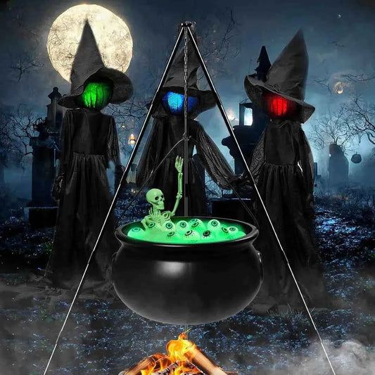 Halloween Witches Cauldron Decoration with Tripod Eyeballs String Lights And Skeleton for Yard Home Decor