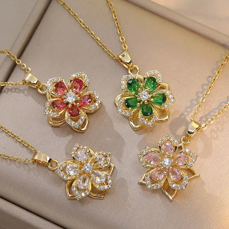 Luxury Spin Zircon Flower Pendant Necklace For Women