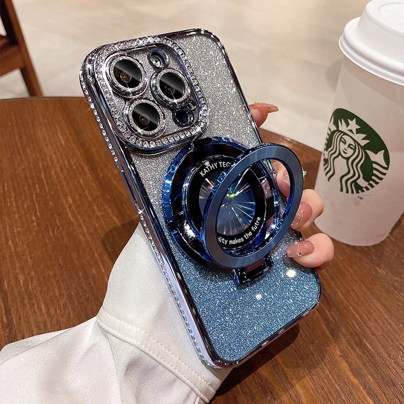 Glitter Diamond Luxury Plating Magsafe Stand Holder Soft Silicone Cover for iPhone Full Coverage Magnetic Case Dabfavshop