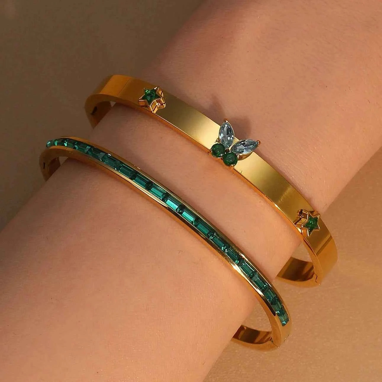 Stainless Steel Green Crystal Gold Color Bracelet