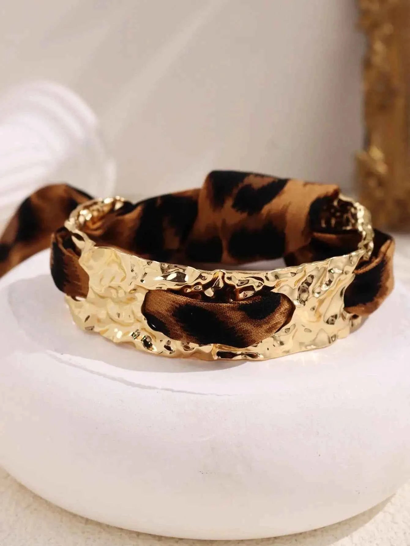Leopard Print Ribbon-Wrapped Metal Bracelet