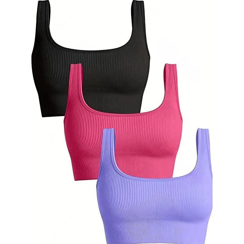 Yoga Basic Seamless Breathable 3pcs Ribbed Knit Solid Sports Bra - Dabfavshop