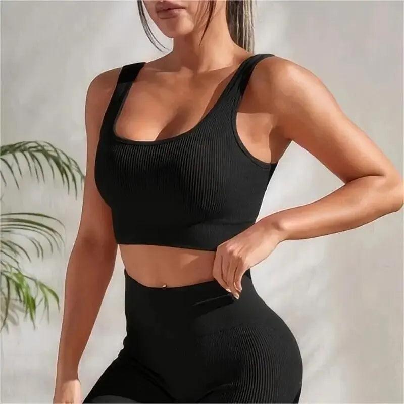 Yoga Basic Seamless Breathable 3pcs Ribbed Knit Solid Sports Bra - Dabfavshop