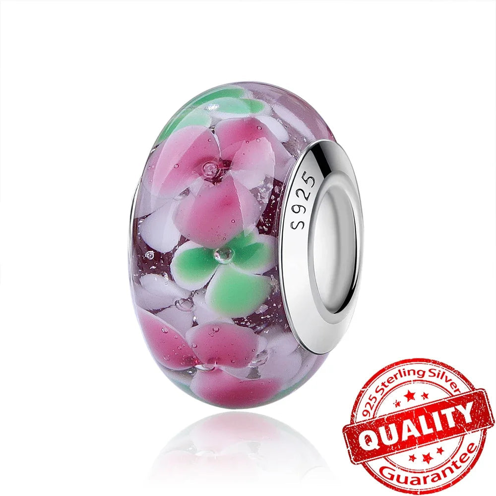 Colorful Flower Murano Glass Charm Fit Original Bracelet Necklace Heart 925 Sterling Silver Murano Glass Fine Jewelry Dabfavshop