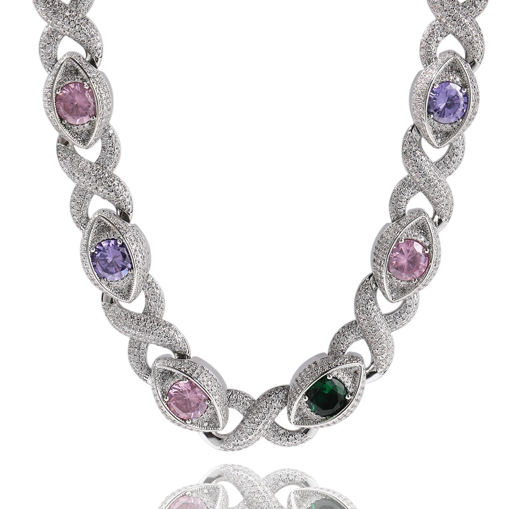 Iced Out Infinity Cuban Chain Necklace with Big CZ Eyes Pave Setting Cubic Zirconia for Women Men Dabfavshop