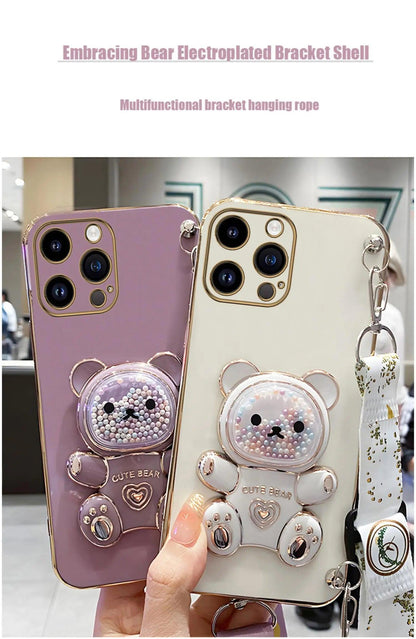 Strap and Quick Stand Cute Diamond Face Bear IPhone Case 11-14 Pro Max - Dabfavshop