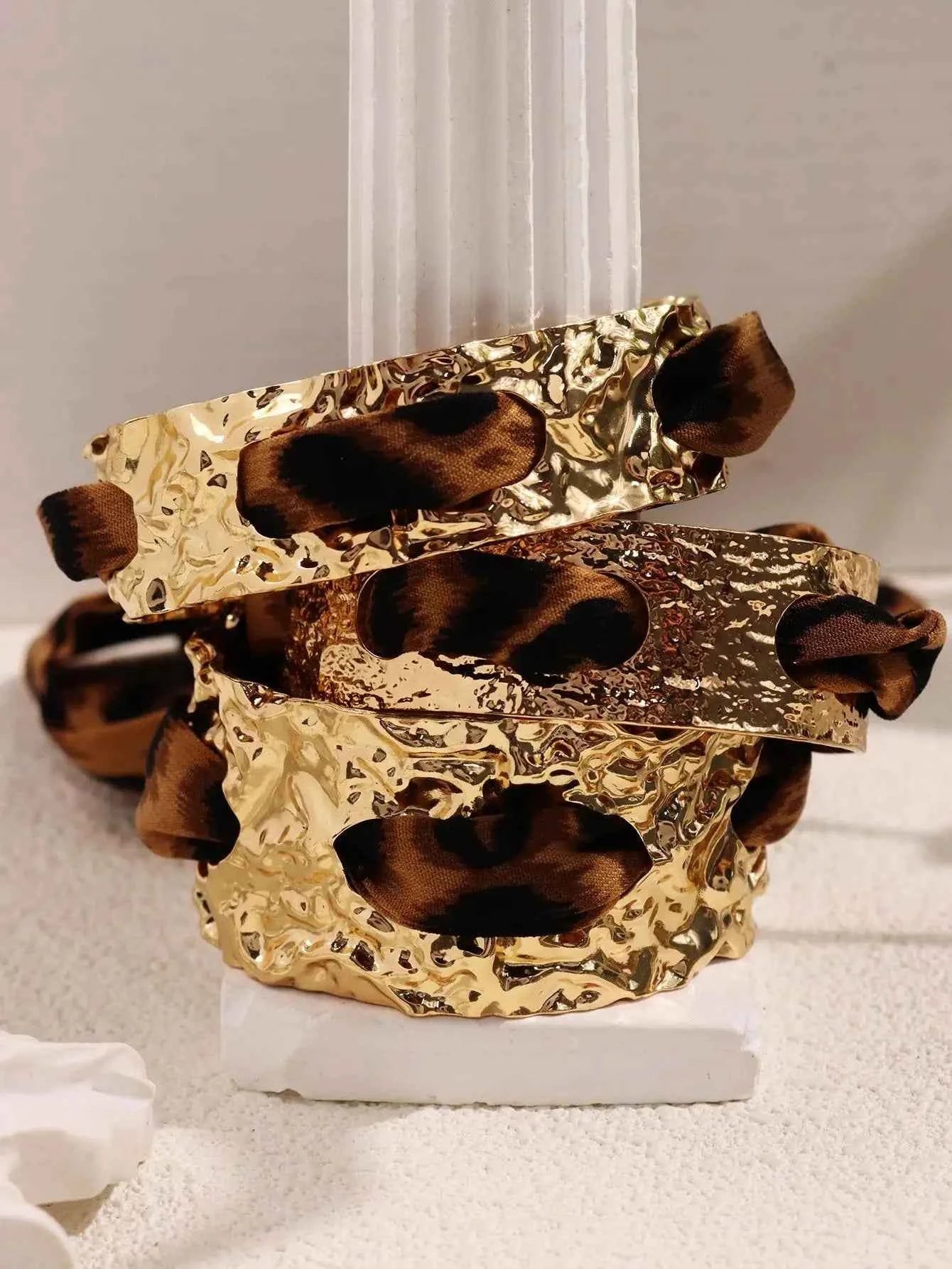 Leopard Print Ribbon-Wrapped Metal Bracelet