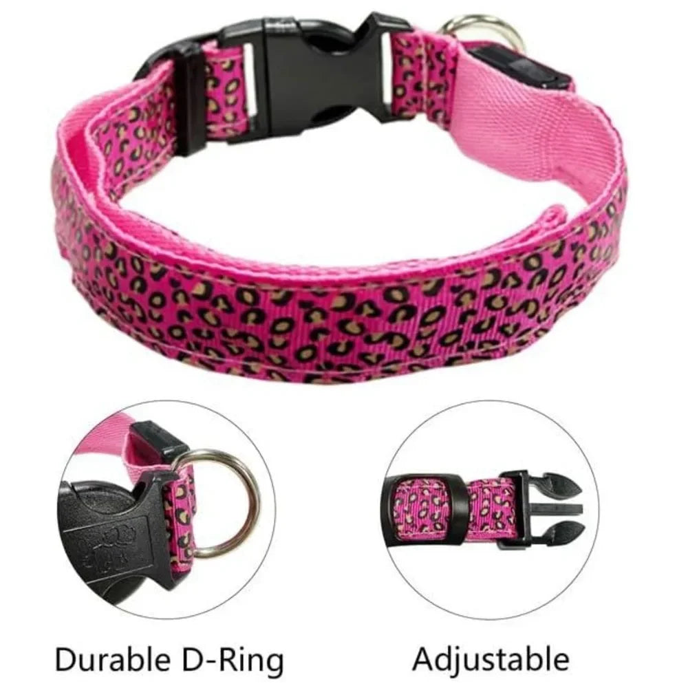 Leopard LED Dog Collar Luminous Adjustable Glowing Collar For Dogs Pet Night Safety Nylon Collar Luminous LED Bright Dog Collar Dabfavshop