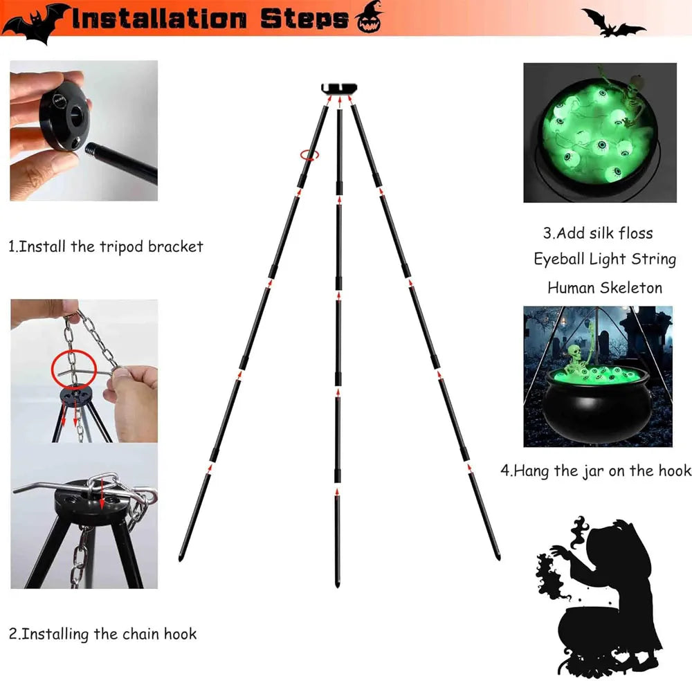 Halloween Witches Cauldron Decoration with Tripod Eyeballs String Lights And Skeleton for Yard Home Decor Dabfavshop