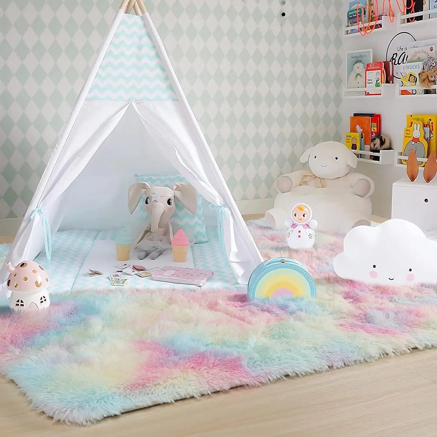 RainbowCloud Plush Rug – Soft, Fluffy & Vibrant! Dabfavshop