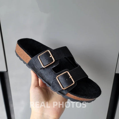 Horsehair Buckles Leather Slippers - Dabfavshop