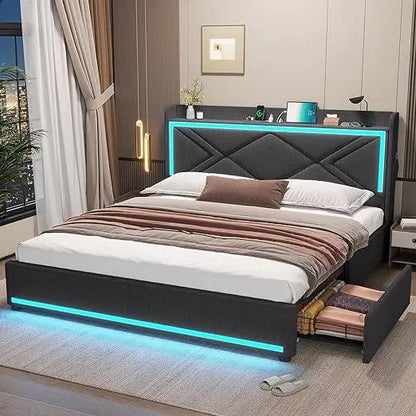 Full/Queen/King Size LED Bed Frame With Storage Headboard And Charging Station - Dabfavshop