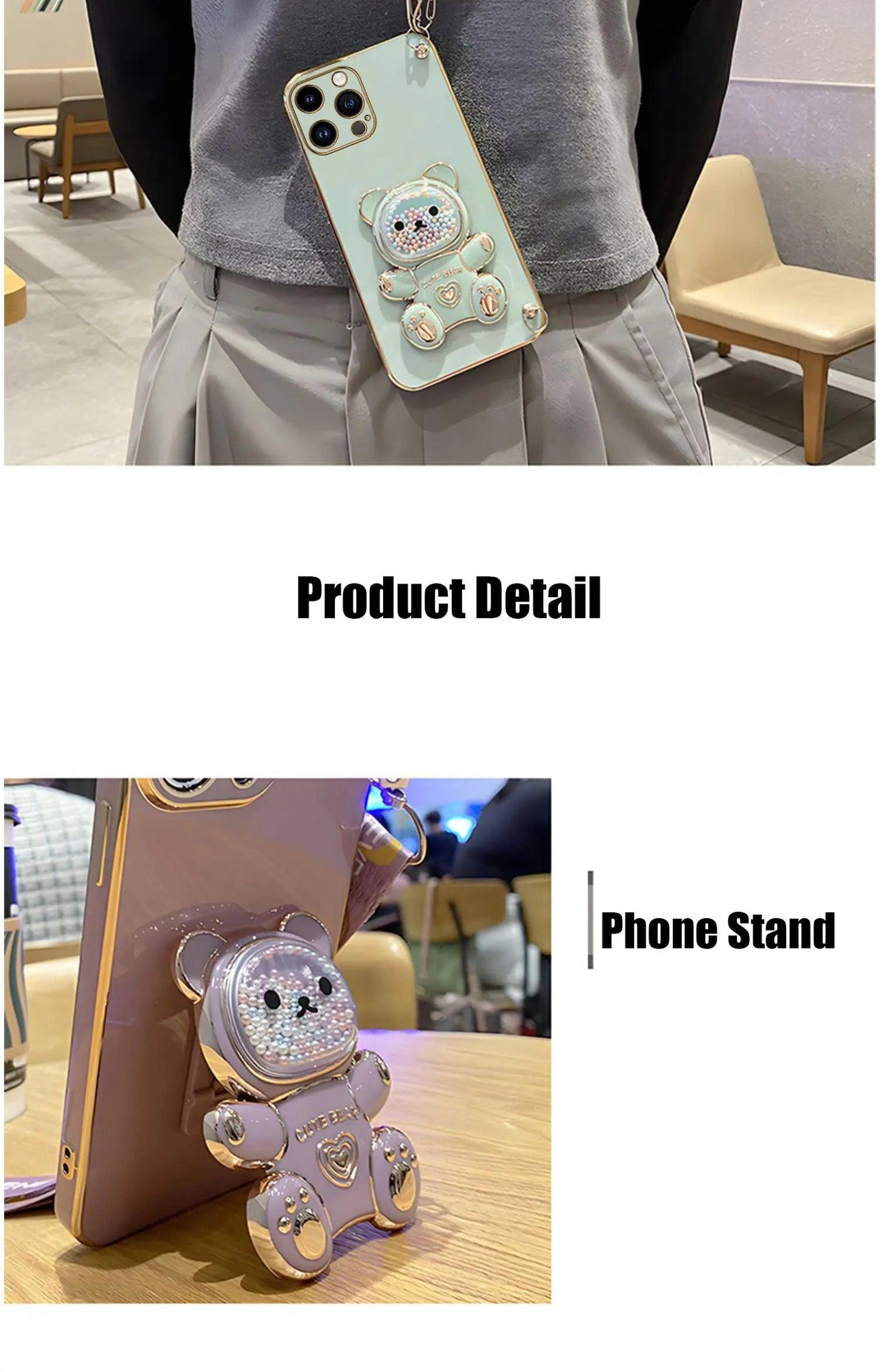 Strap and Quick Stand Cute Diamond Face Bear IPhone Case 11-14 Pro Max - Dabfavshop