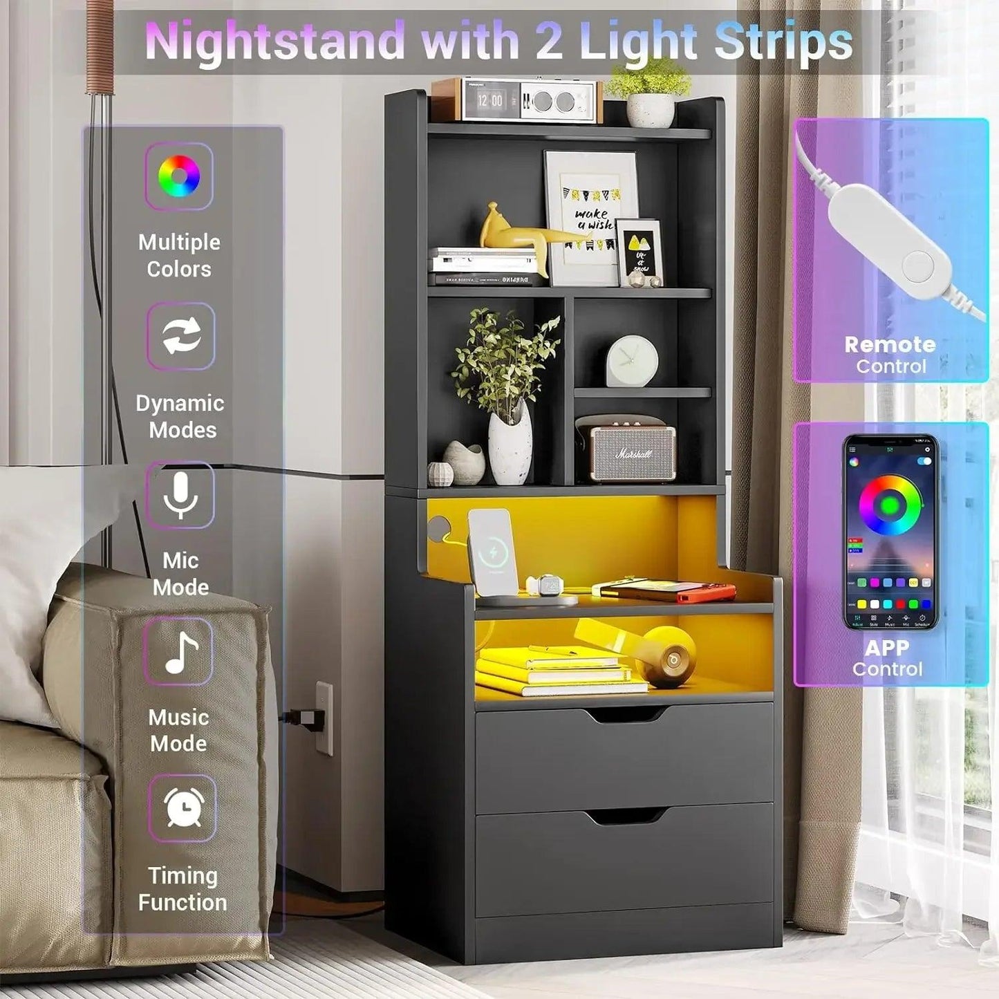 Tall Nightstand Set LED With Charging Station - Dabfavshop