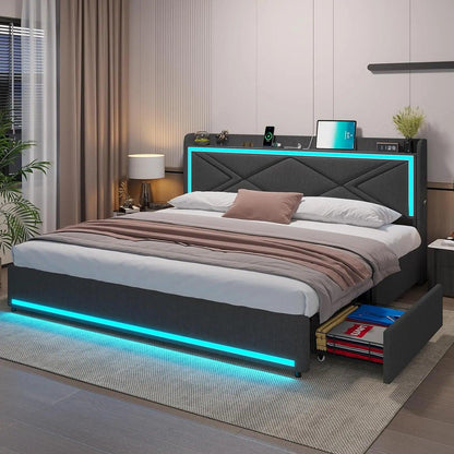 Full/Queen/King Size LED Bed Frame With Storage Headboard And Charging Station - Dabfavshop