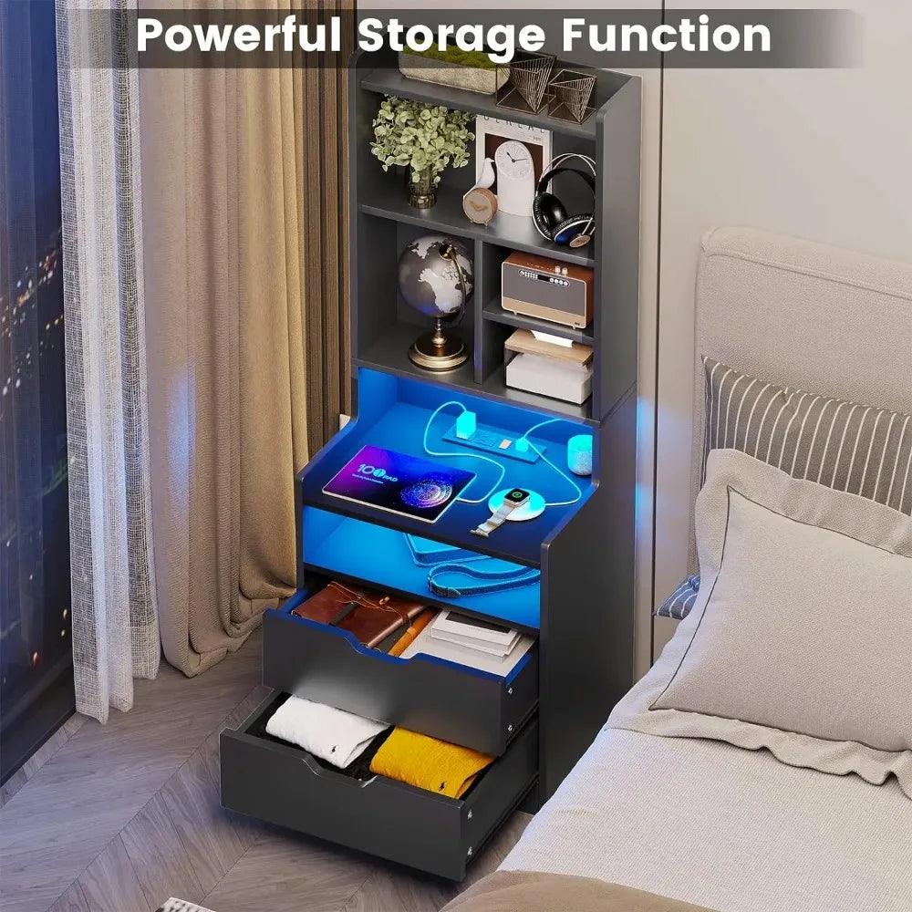 Tall Nightstand Set LED With Charging Station - Dabfavshop