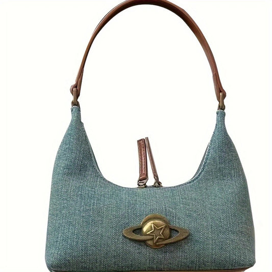 Denim Hobo Bag with Casual Star Planet Emblem - Single Shoulder Satchel & Versatile Handbag Dabfavshop