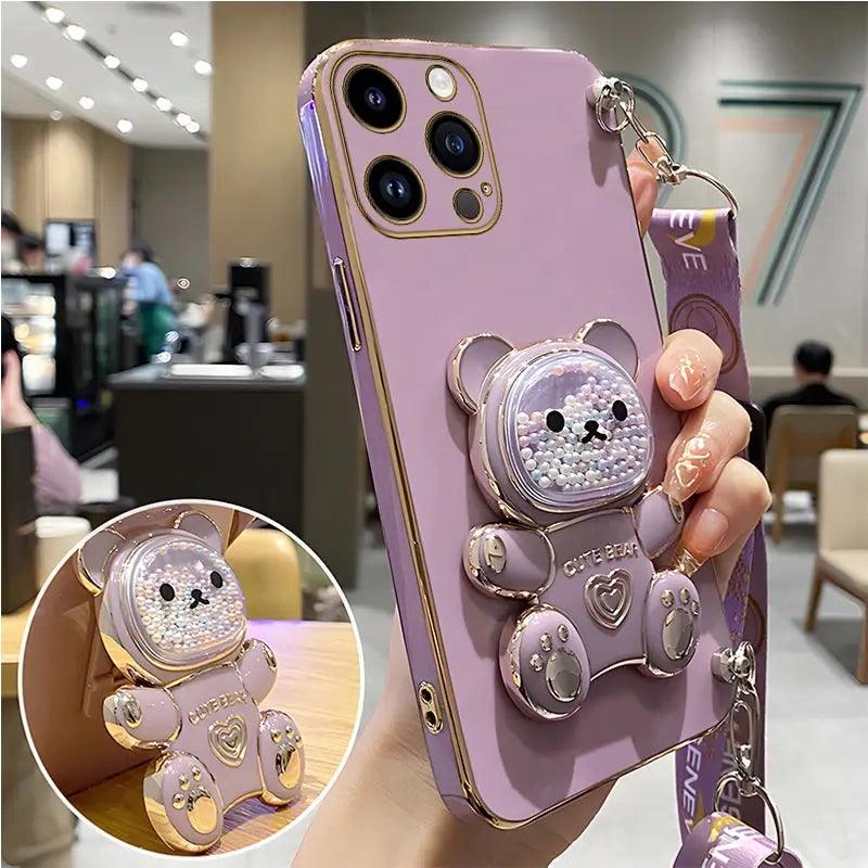 Strap and Quick Stand Cute Diamond Face Bear IPhone Case 11-14 Pro Max - Dabfavshop