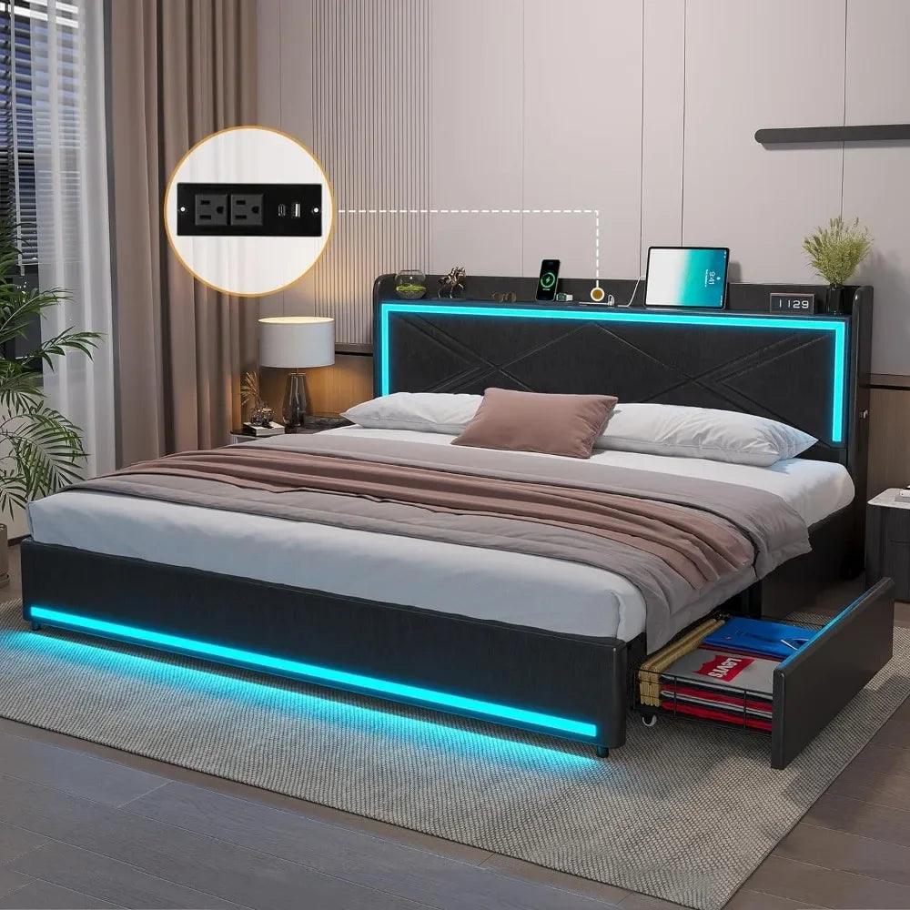 Full/Queen/King Size LED Bed Frame With Storage Headboard And Charging Station - Dabfavshop