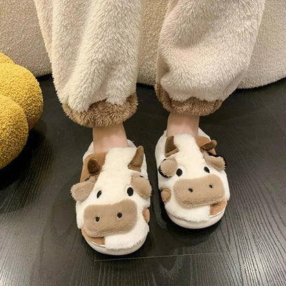 Winter Slippers Fluffy Warm Plush Slippers Cartoon Milk Cow - Dabfavshop