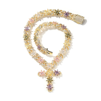 Colorful Flower Cuban Chain Full Paved Iced Out Bling Cubic Zirconia Cross Charms Baguette CZ Cuban Chain Dabfavshop