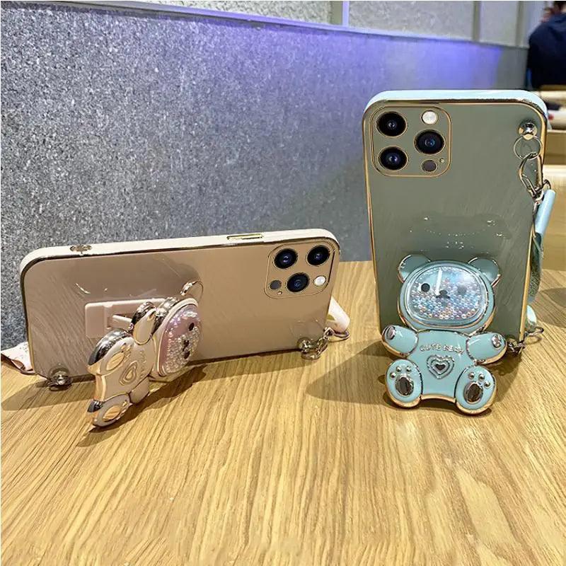 Strap and Quick Stand Cute Diamond Face Bear IPhone Case 11-14 Pro Max - Dabfavshop